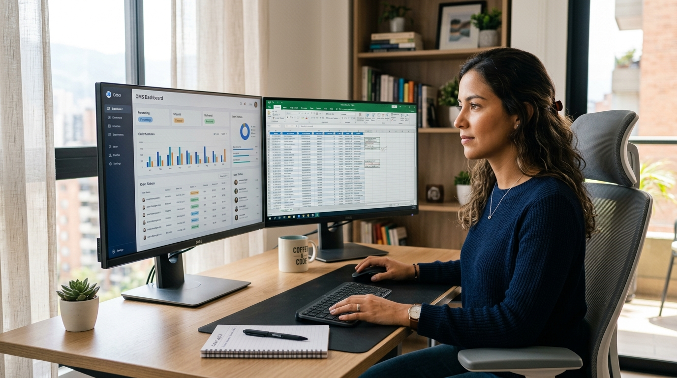 Nearshore order processing and fulfilment virtual assistant reviewing order management dashboard on dual monitors in a bright Latin American home office