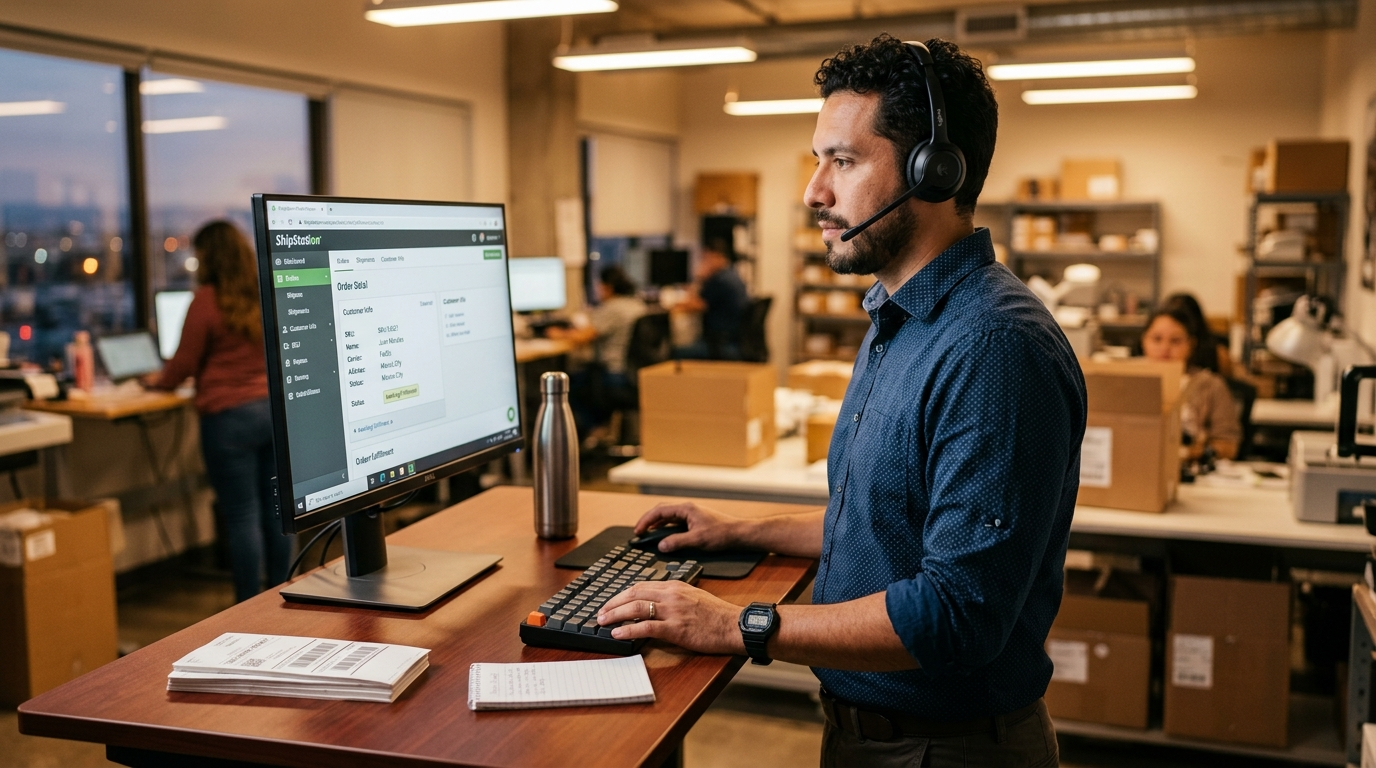 Nearshore fulfilment virtual assistant monitoring ShipStation orders on a monitor in a professional Latin American home office