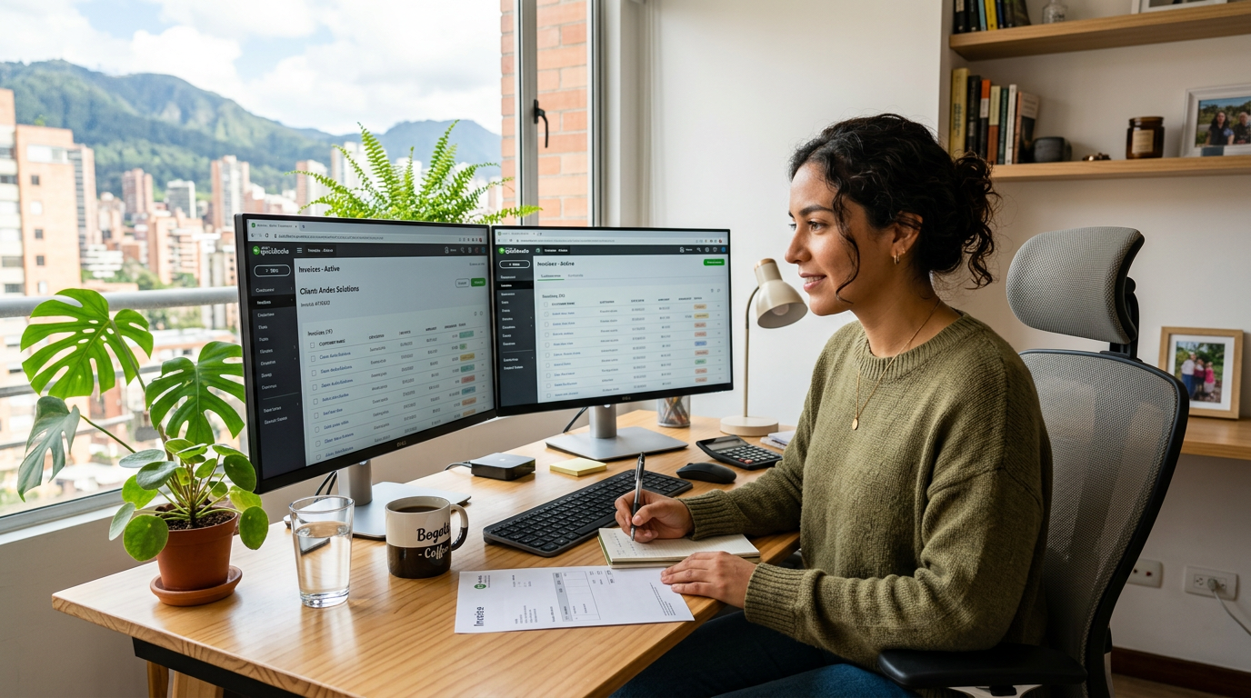 Nearshore VA outsourcing accounts payable for e-commerce on QuickBooks at a Latin American home office desk