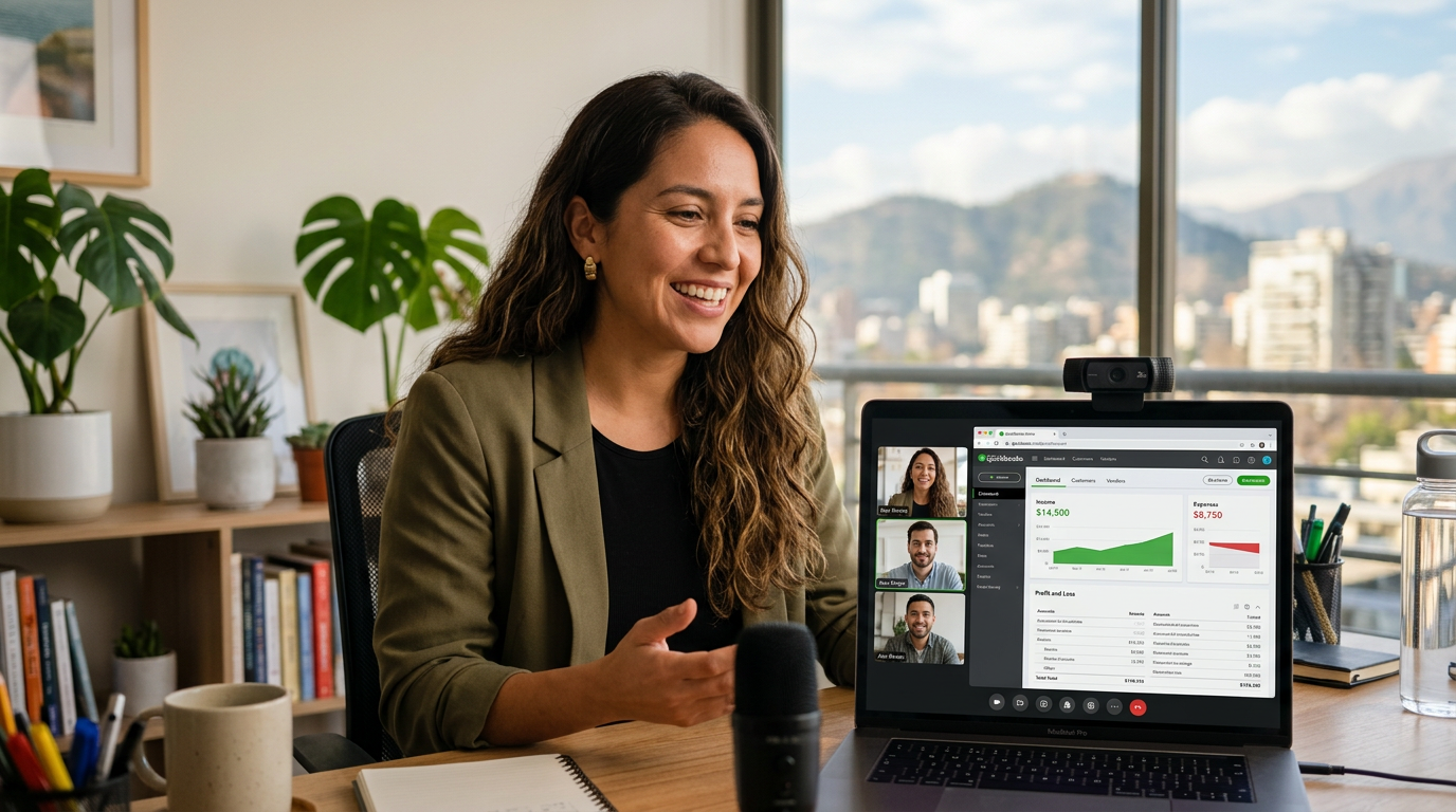 Nearshore e-commerce AP specialist in Latin America on a US business hours video call, accounts payable outsourcing workflow visible on screen