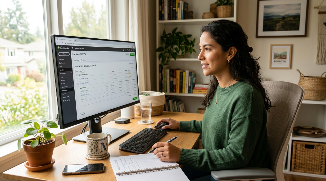Nearshore Latin American AP specialist reviewing ecommerce accounts payable invoices in QuickBooks at a modern home office desk