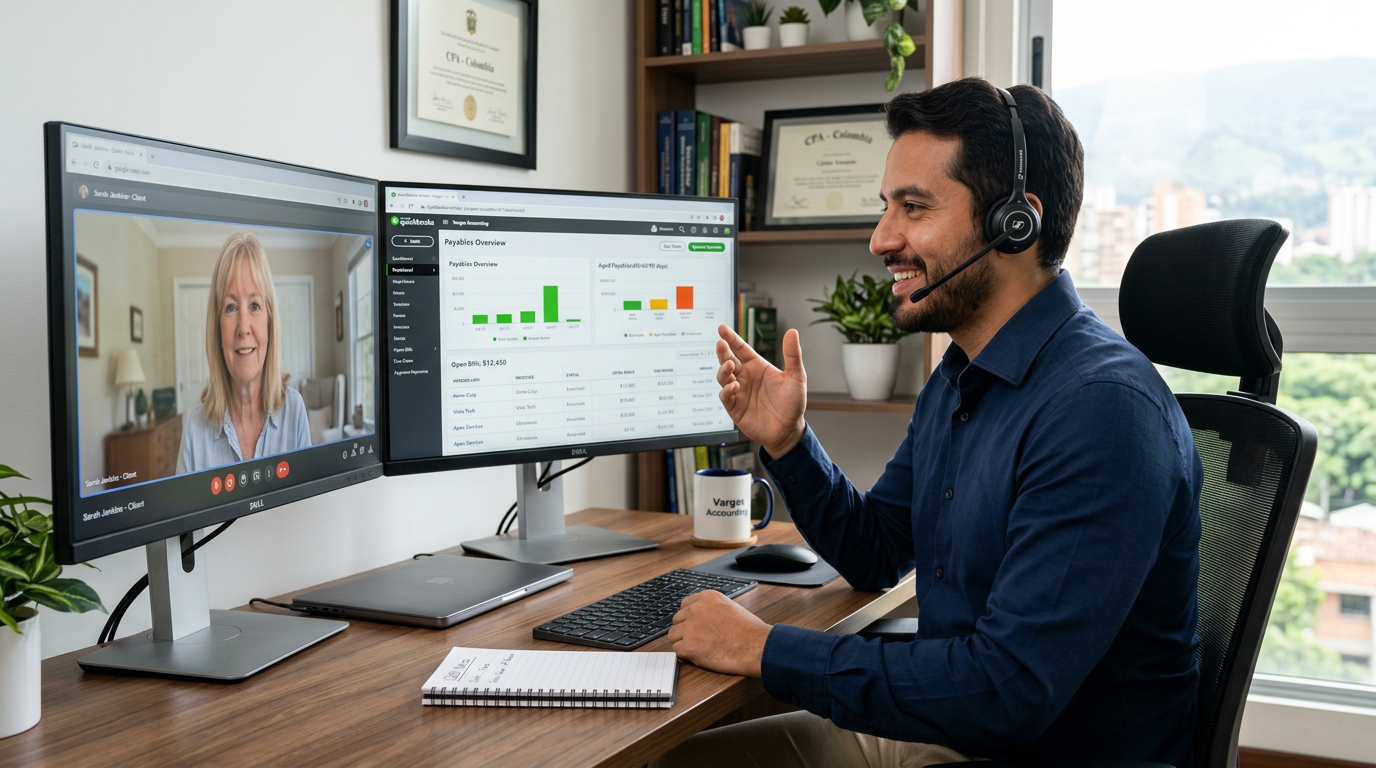 Nearshore AP specialist on video call with ecommerce client reviewing accounts payable dashboard in QuickBooks