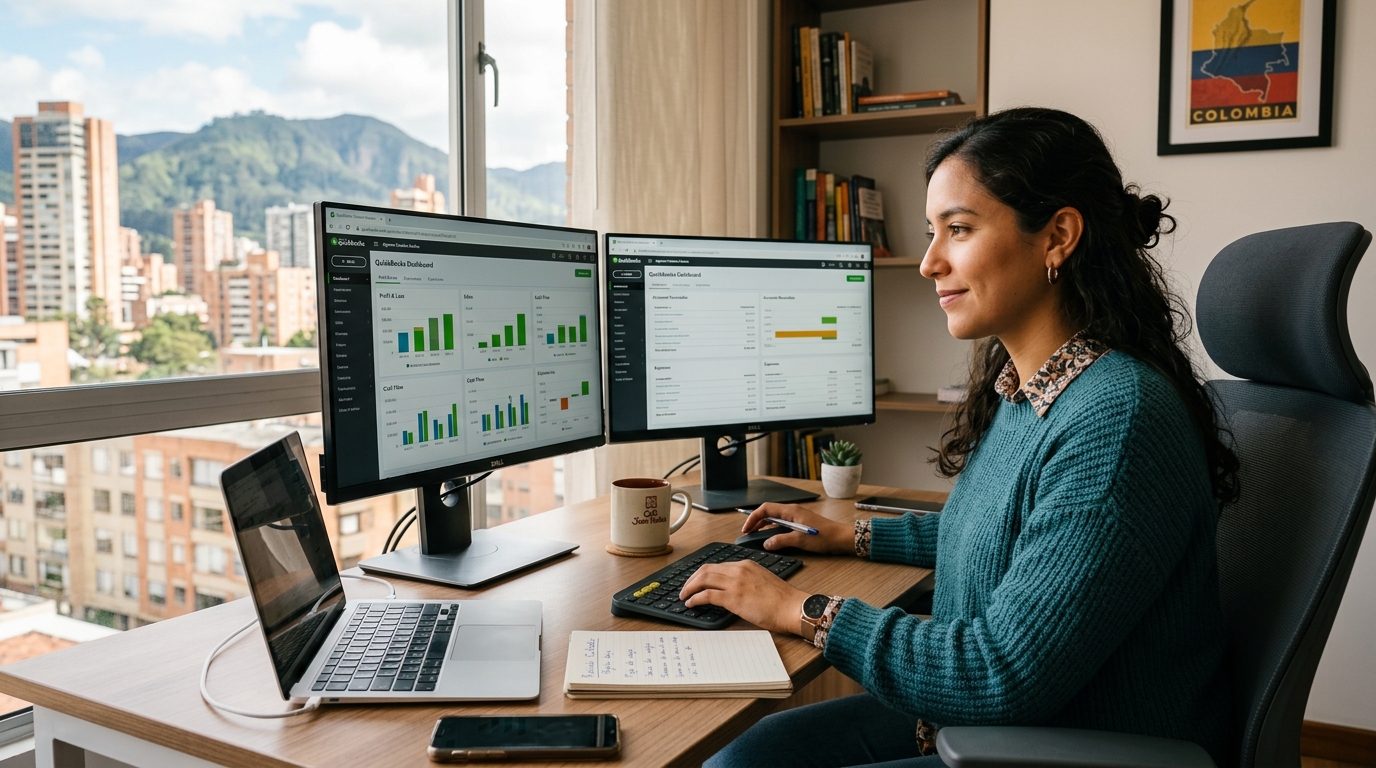 Nearshore virtual bookkeeper in Latin America reviewing QuickBooks dashboard for a small business client during US business hours
