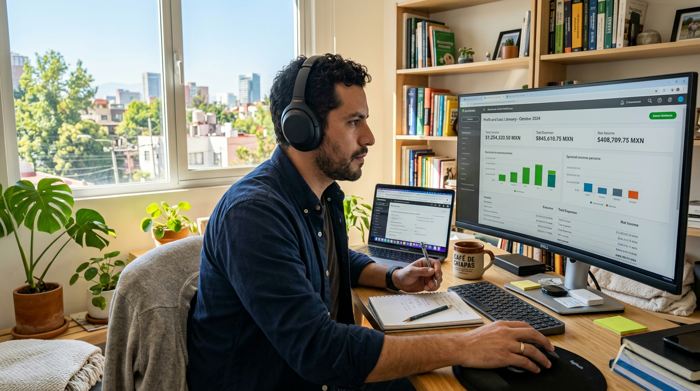 Nearshore bookkeeper in Latin America reviewing QuickBooks Online profit and loss report for small business outsource bookkeeping engagement