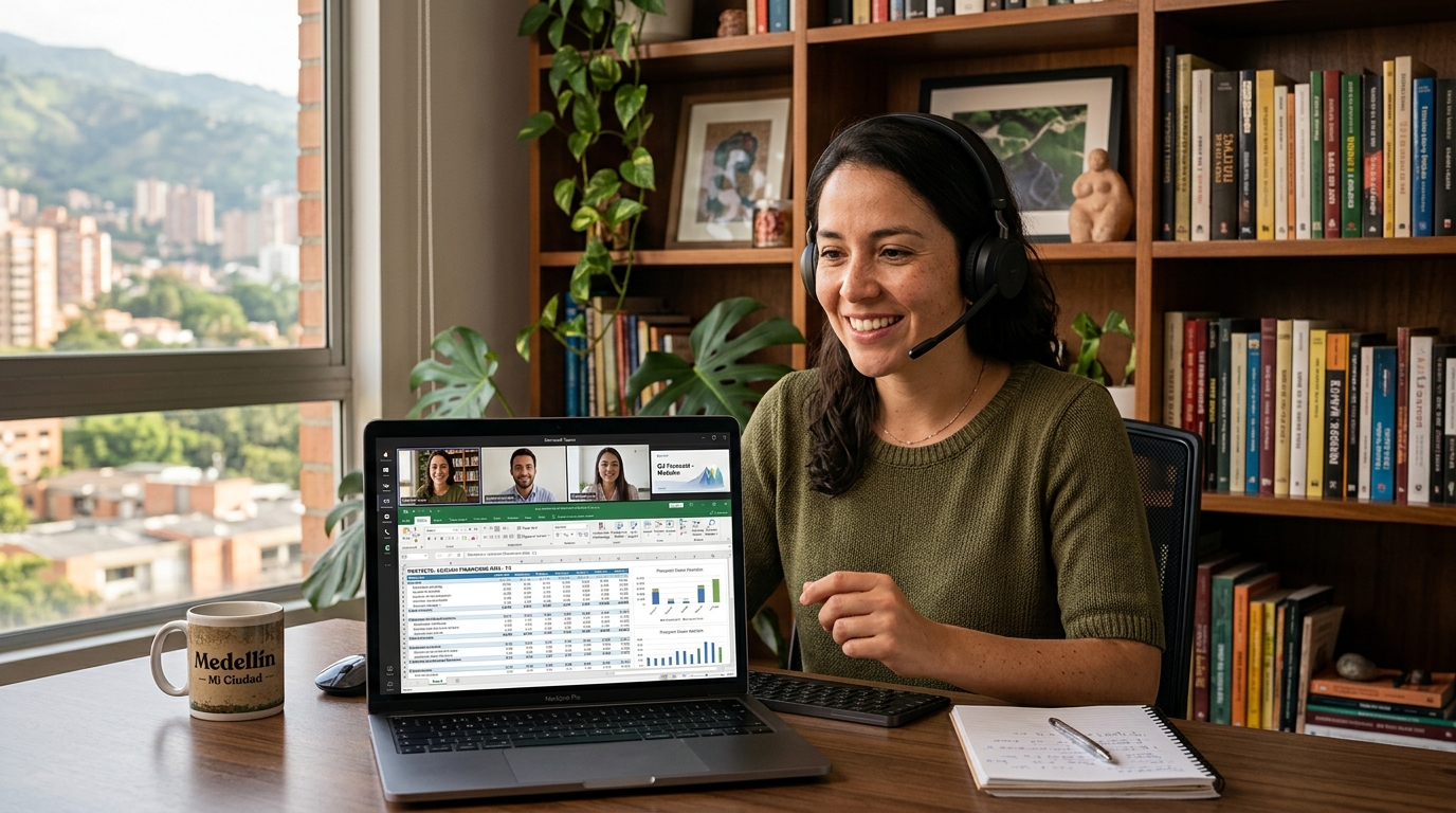 Nearshore bookkeeper on video call discussing outsource bookkeeping setup with small business owner, Latin America home office