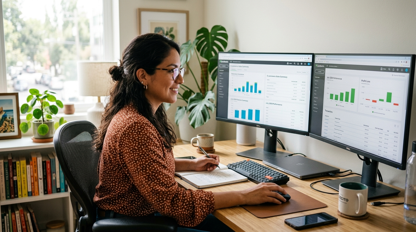 Nearshore e-commerce accountant reviewing QuickBooks financial reports on dual monitors in a Latin American home office