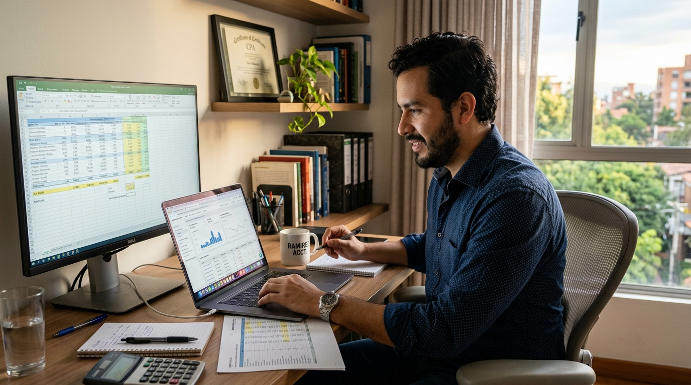 Nearshore e-commerce accountant reviewing Amazon Seller Central payout reports on a laptop in a Latin American home office