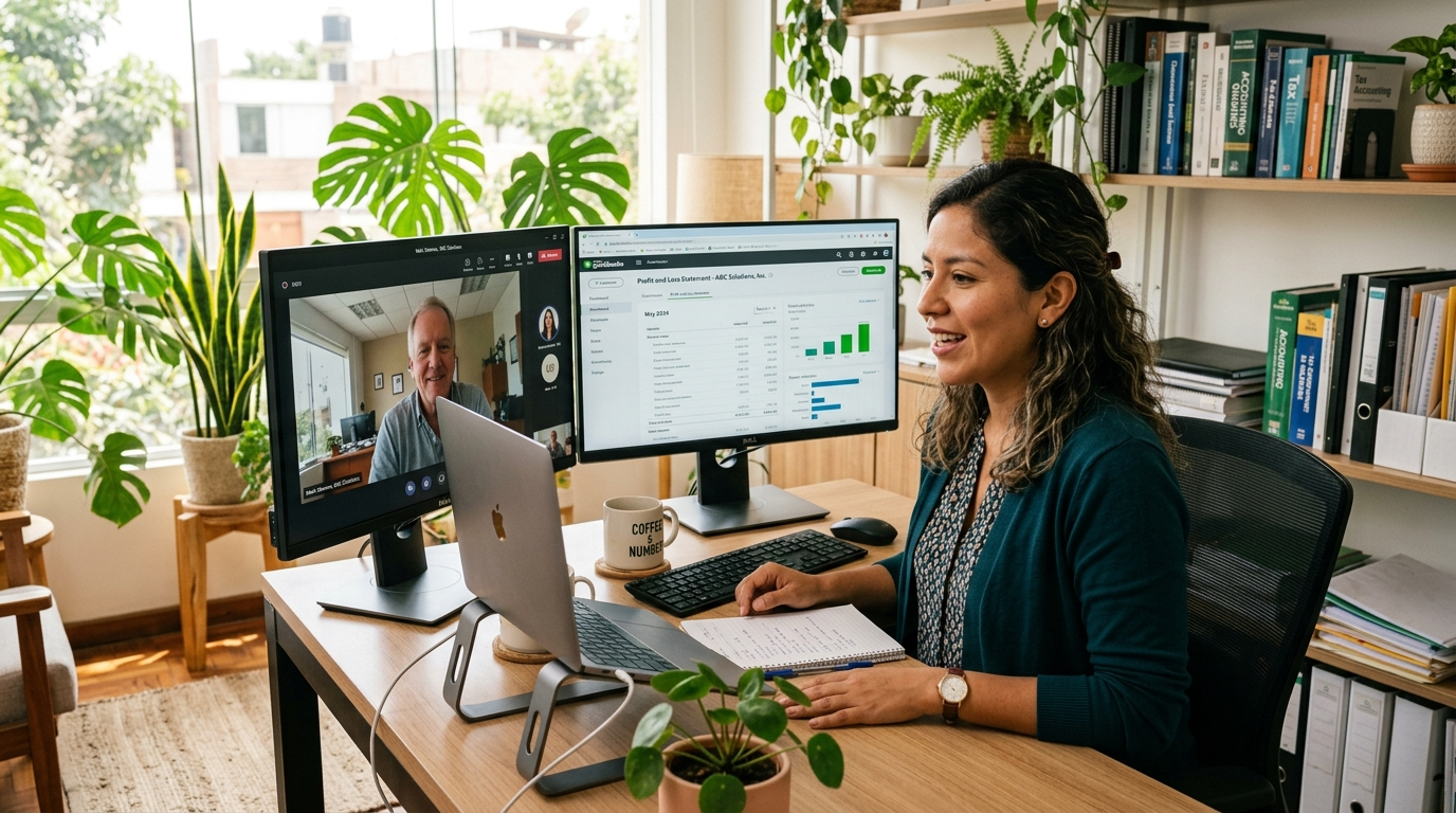 Nearshore e-commerce accountant on a video call with a US client while reviewing a QuickBooks P&L dashboard