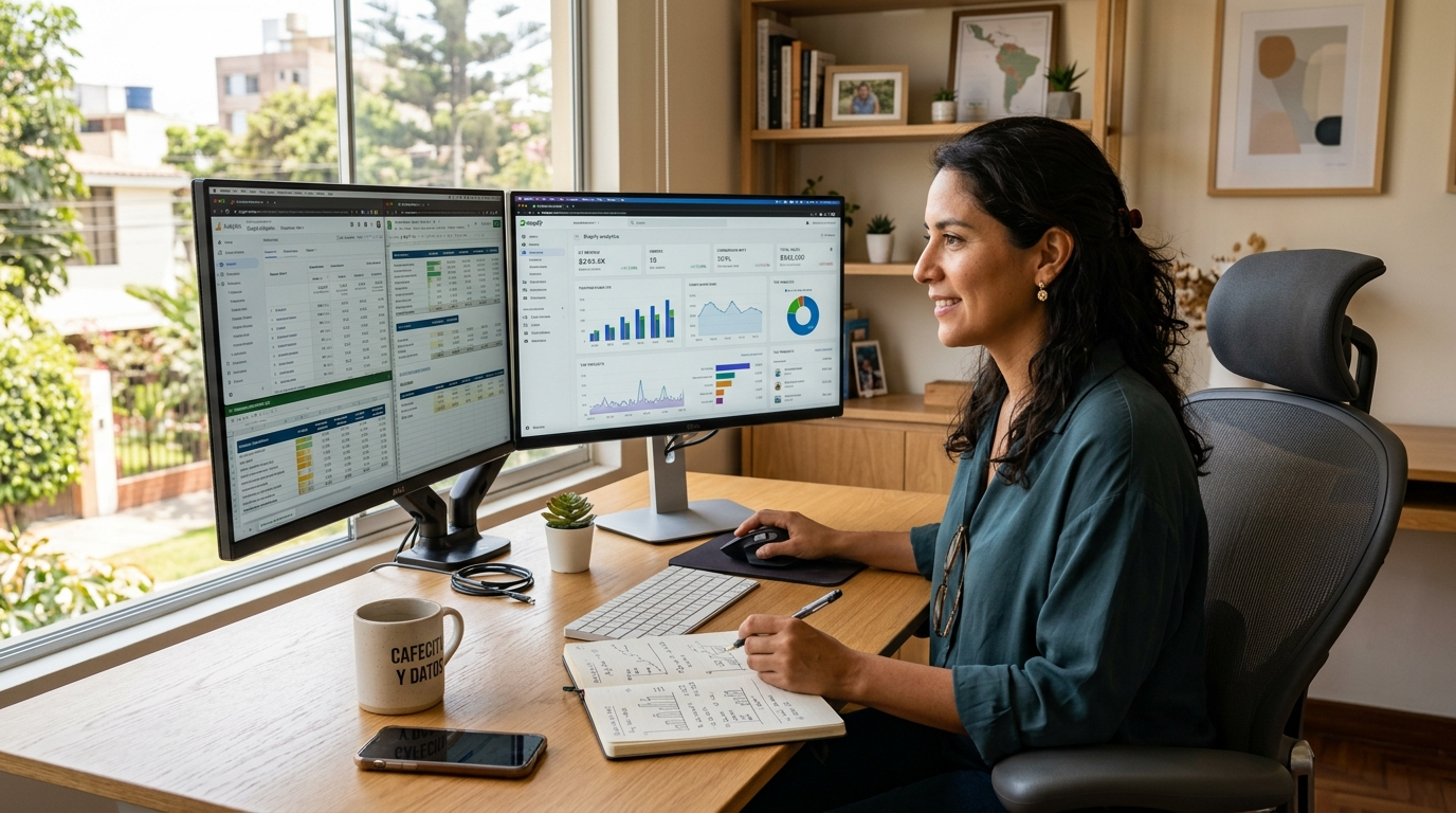 Nearshore ecommerce accounting specialist reviewing Shopify and QuickBooks dashboards at a Latin American home office
