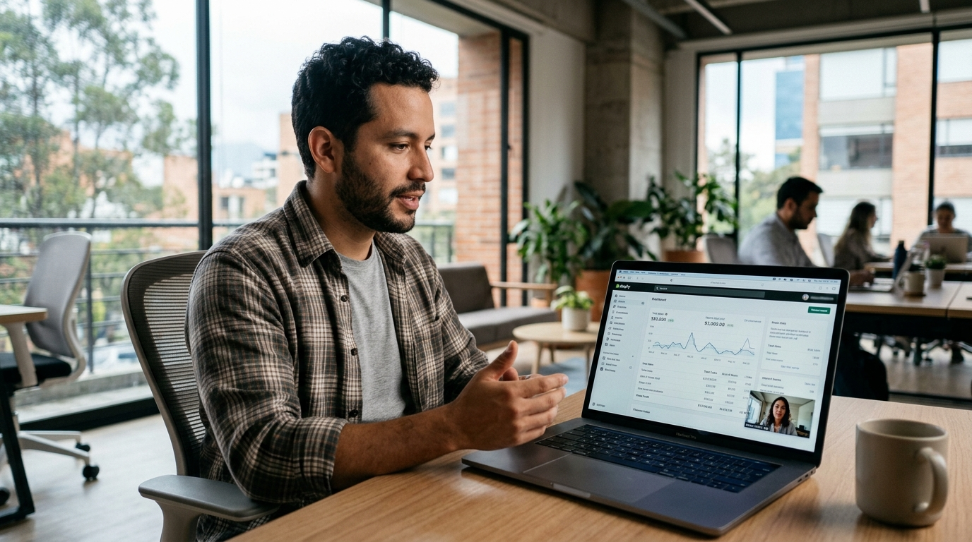 Nearshore ecommerce bookkeeper on video call reviewing Shopify financial reports with a US client