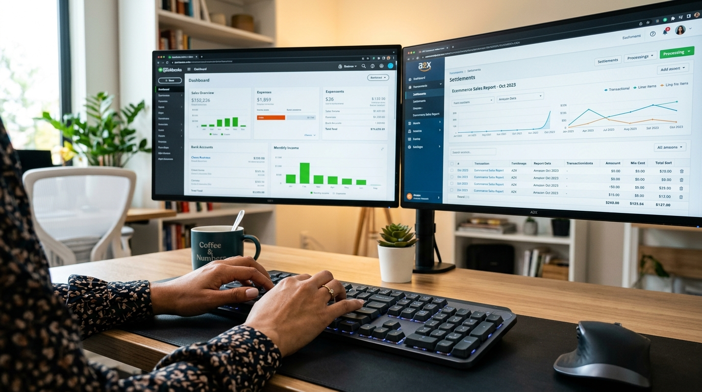 Nearshore ecommerce accountant working in QuickBooks and A2X to reconcile Shopify settlements