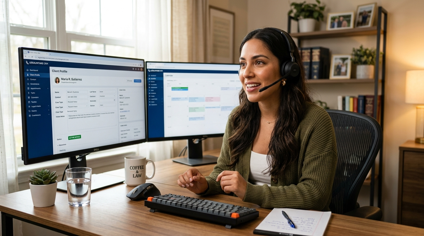 Nearshore virtual assistant managing outsourced legal intake on a dual-monitor CRM setup during US business hours