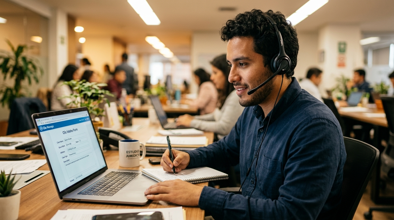 Nearshore legal intake VA entering prospect data into Clio CRM during a live intake call