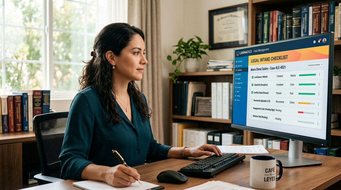 Nearshore VA reviewing a legal intake checklist on Lawmatics during a live client qualification call