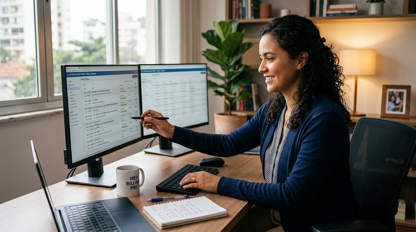 Nearshore Latin American medical coder reviewing ICD-10 billing codes on a dual-monitor home office setup during US business hours