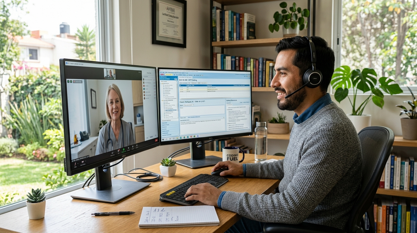Nearshore Latin American medical coder on video call with US physician reviewing EHR coding data in real time