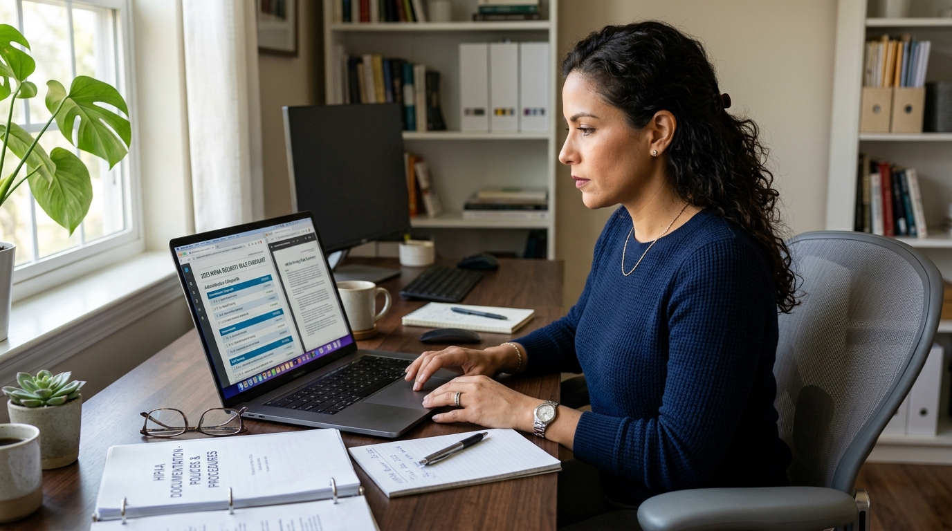 Nearshore medical coder reviewing HIPAA compliance documentation at a home office workstation during US business hours