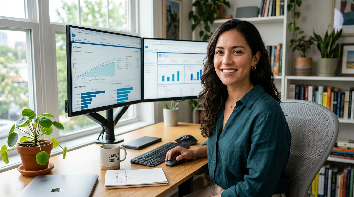 Latin American virtual assistant working remotely on a CRM dashboard, representing how US businesses outsource virtual assistant roles in 2026
