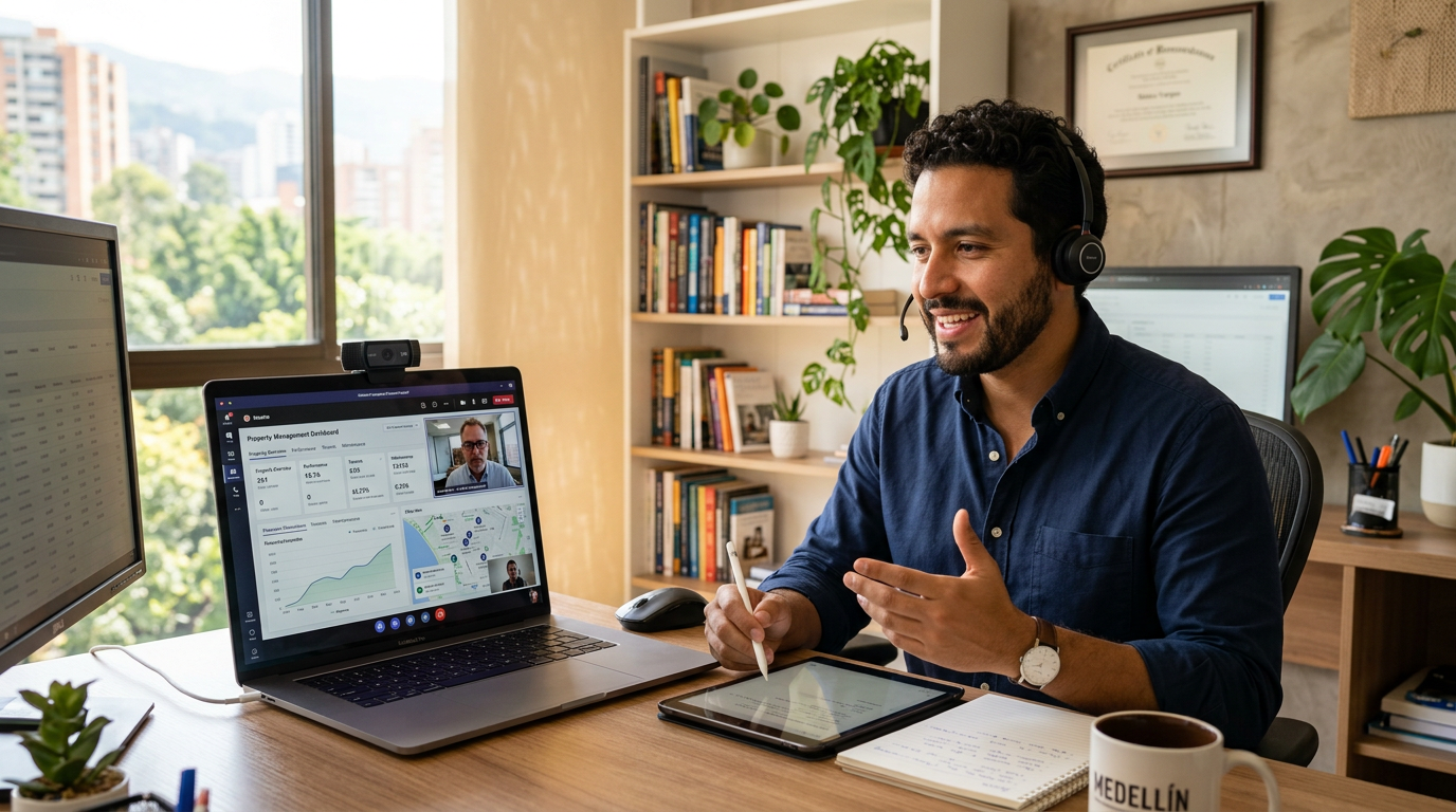 Nearshore virtual assistant on a video call with a US business client, reviewing a property management dashboard in real time