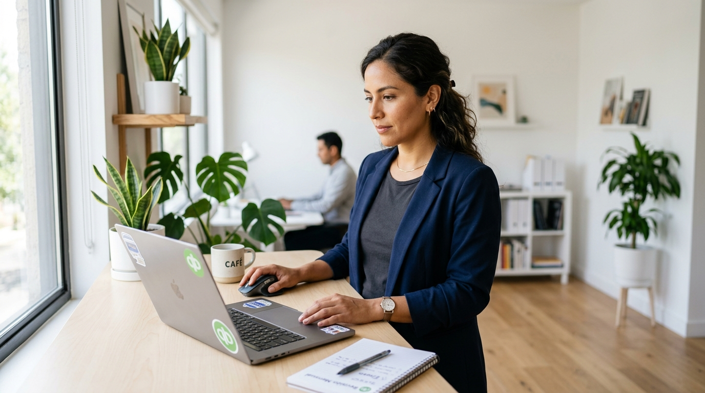 Nearshore virtual assistant reviewing QuickBooks accounts for a US bookkeeping client, demonstrating software-trained VA capabilities in 2026