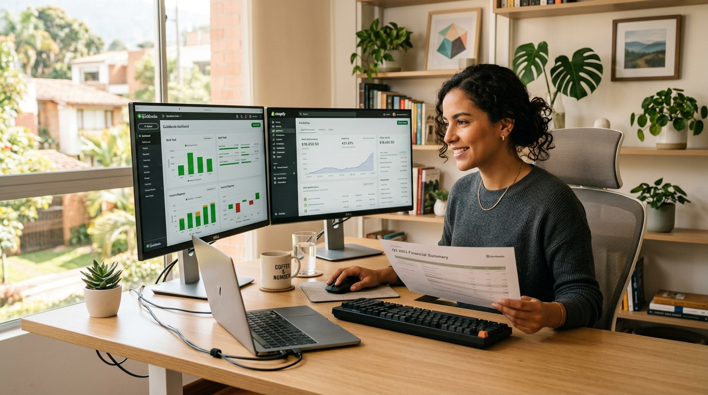 Nearshore virtual bookkeeper managing outsourced accounting for ecommerce on QuickBooks and Shopify, Latin America home office