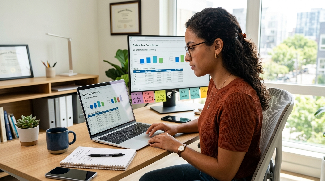 Nearshore ecommerce accountant managing multi-state sales tax compliance for outsourced accounting client, Latin America home office