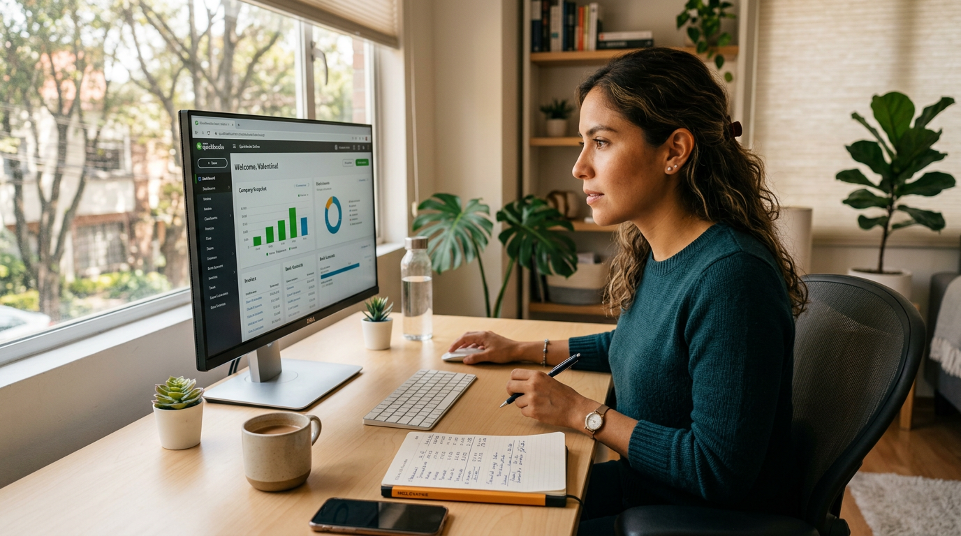 Latin American accountant reviewing outsourced accounting dashboard on QuickBooks during US business hours, nearshore setup