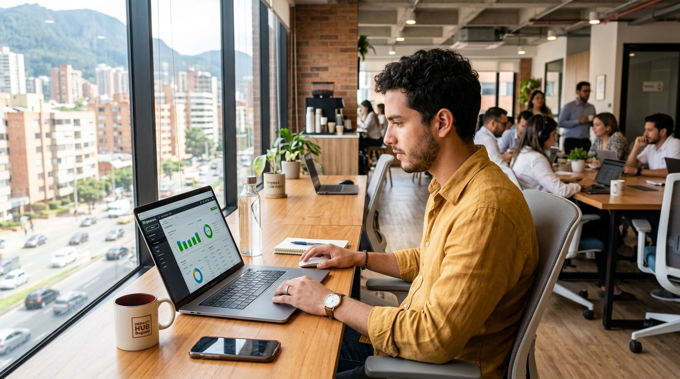 Nearshore Latin American accounting professional working remotely on QuickBooks in a Bogotá co-working space