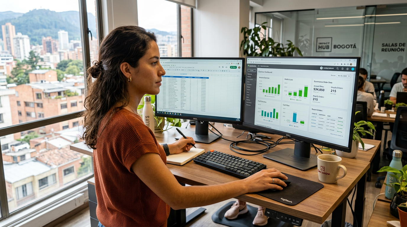 Nearshore accountant reviewing outsourced accounting services for ecommerce companies on a QuickBooks dashboard in a Latin American office