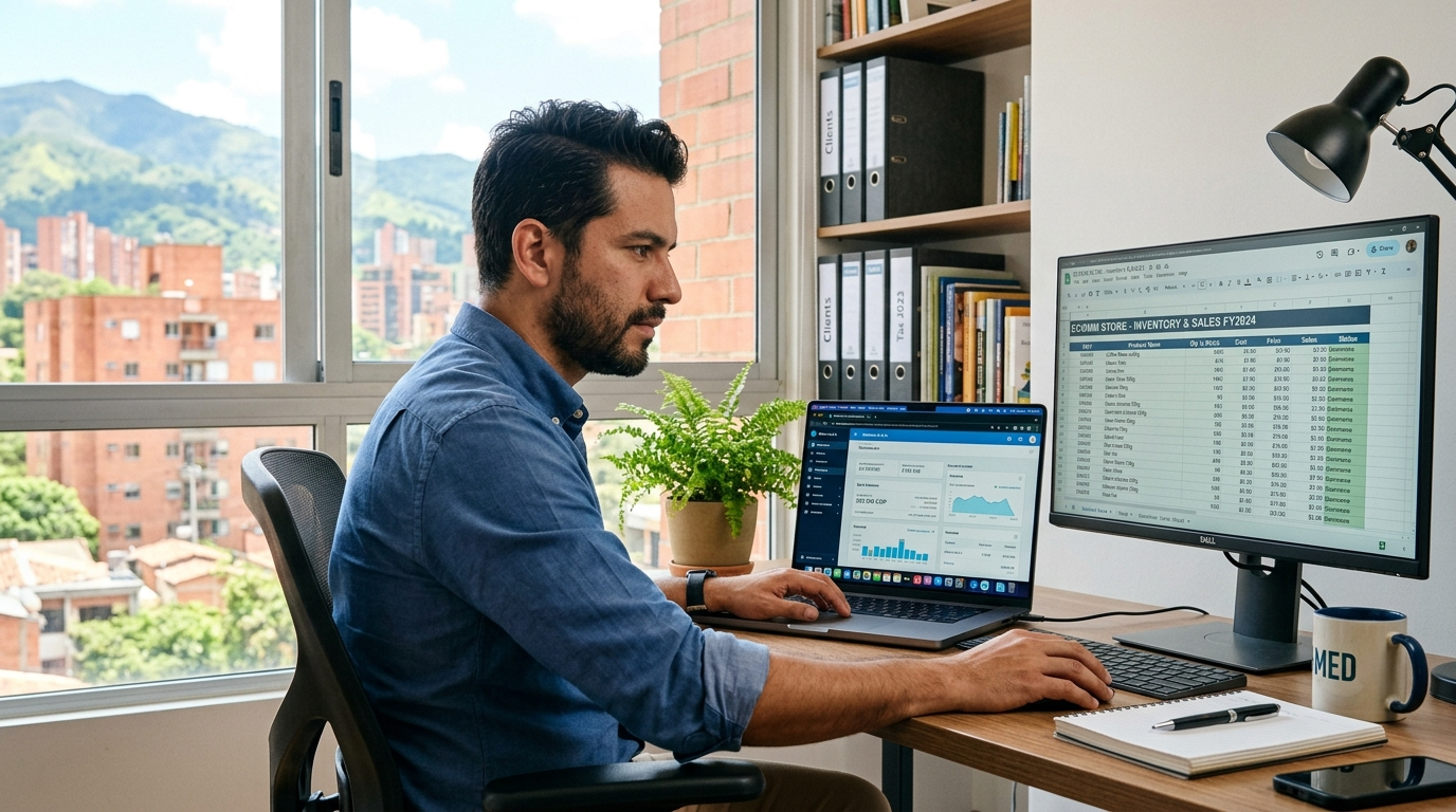Nearshore ecommerce accountant working on Xero dashboard for outsourced accounting services, home office in Latin America