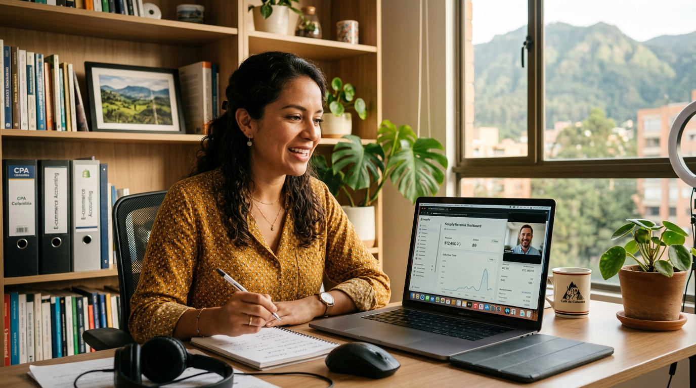 Nearshore ecommerce accountant on video call with US client reviewing Shopify financial dashboard for outsourced accounting services