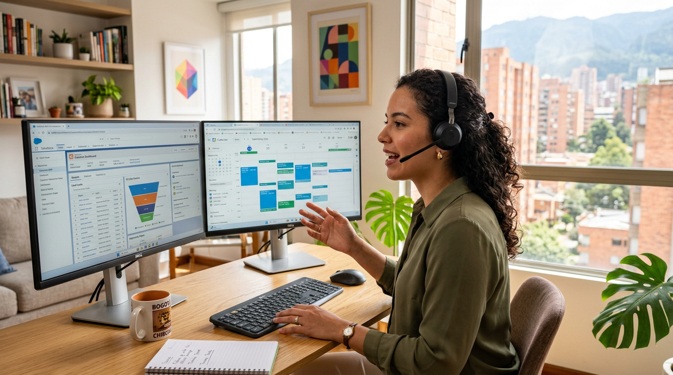 Nearshore outsourced appointment setter for SaaS company working from a Latin American home office with CRM open on dual monitors