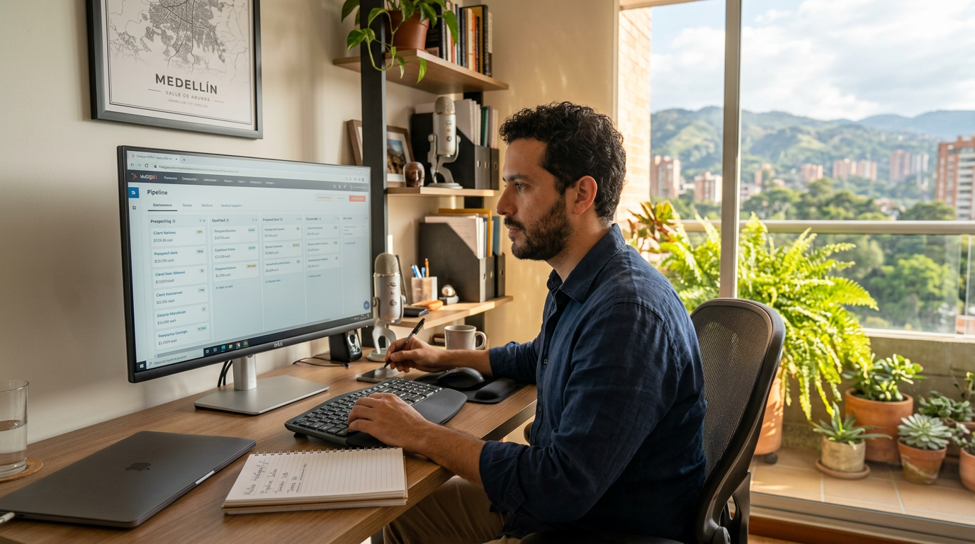 Outsourced SaaS appointment setter reviewing HubSpot CRM pipeline from a Latin American home office in Colombia