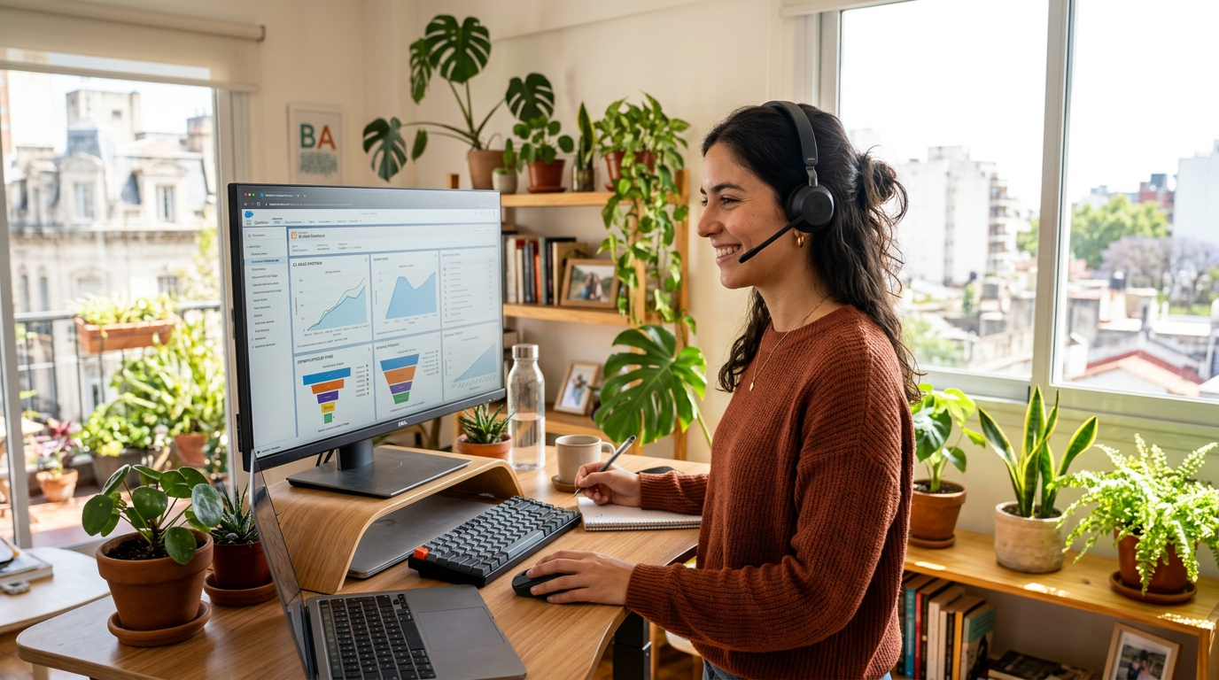 Nearshore SaaS appointment setter in Argentina managing Salesforce CRM pipeline from a modern home office during US business hours