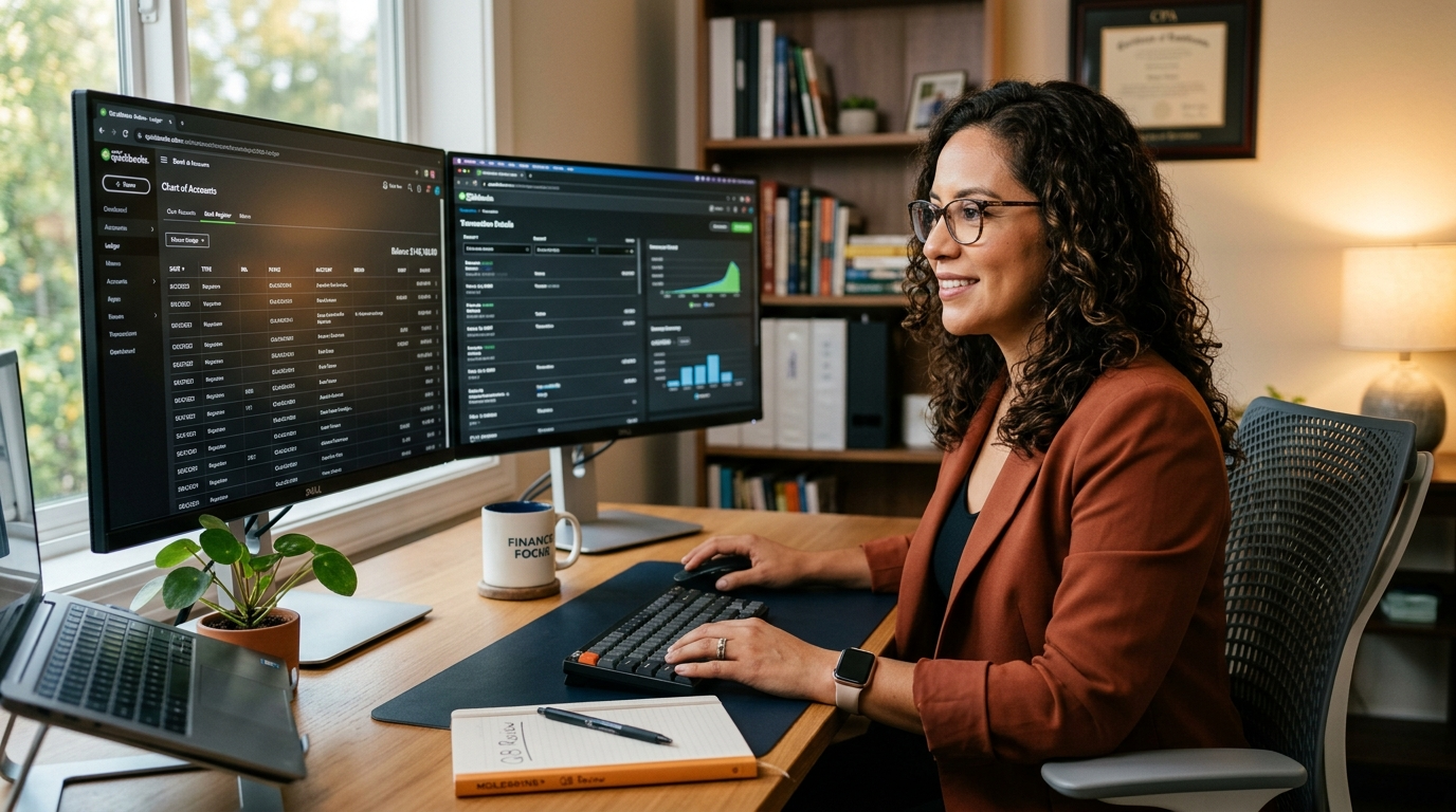 Nearshore virtual bookkeeper reviewing outsourced bookkeeping services for small business on dual monitors in a Latin American home office