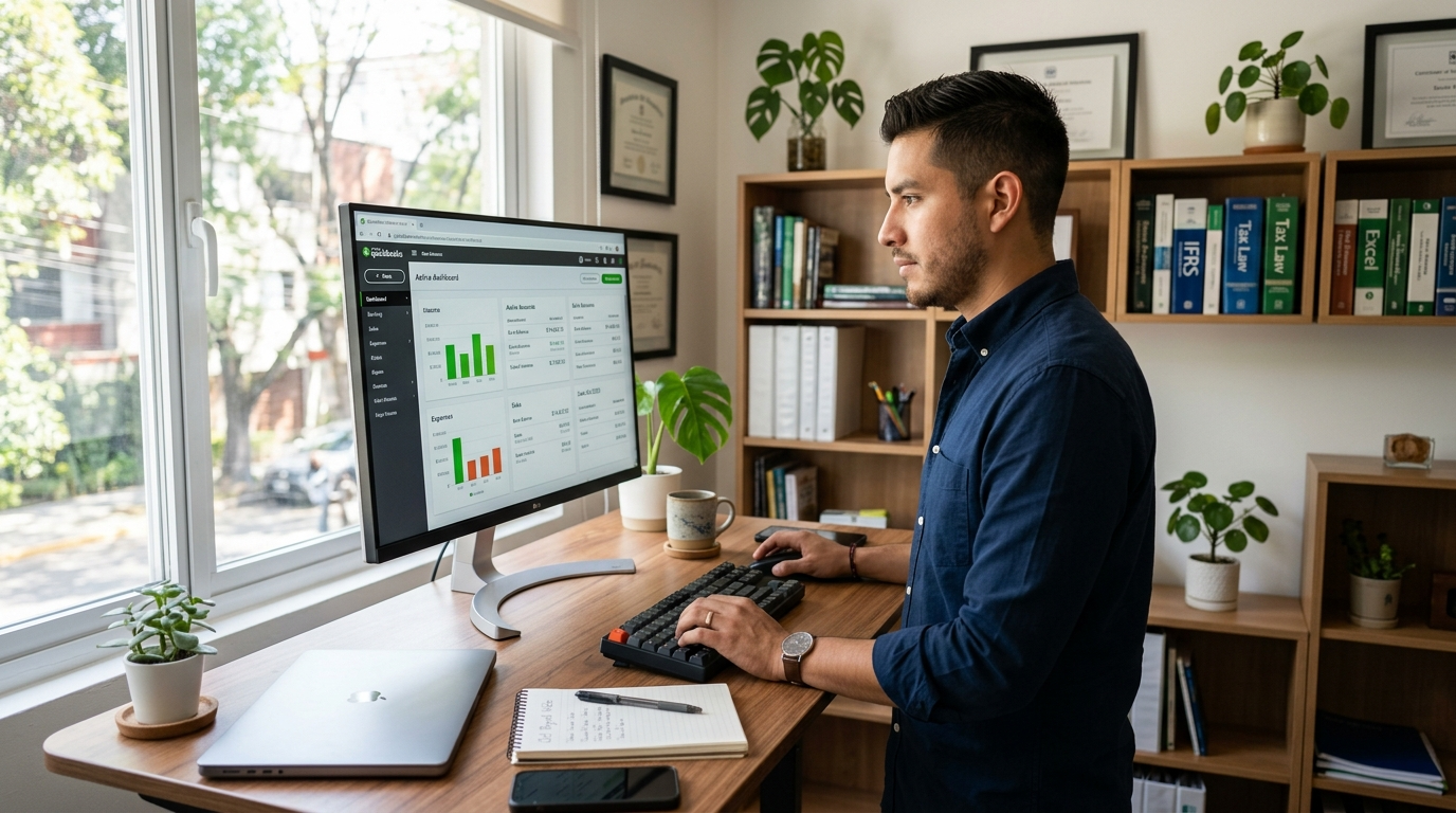 Nearshore virtual bookkeeper managing outsourced bookkeeping services for small business on QuickBooks dashboard