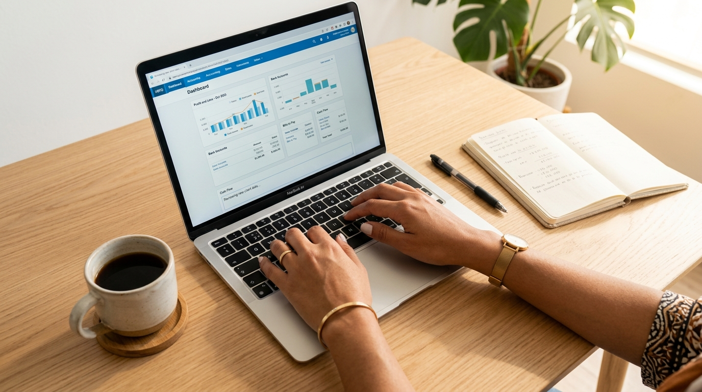 Nearshore virtual bookkeeper using Xero for outsourced bookkeeping services for small business, hands on keyboard