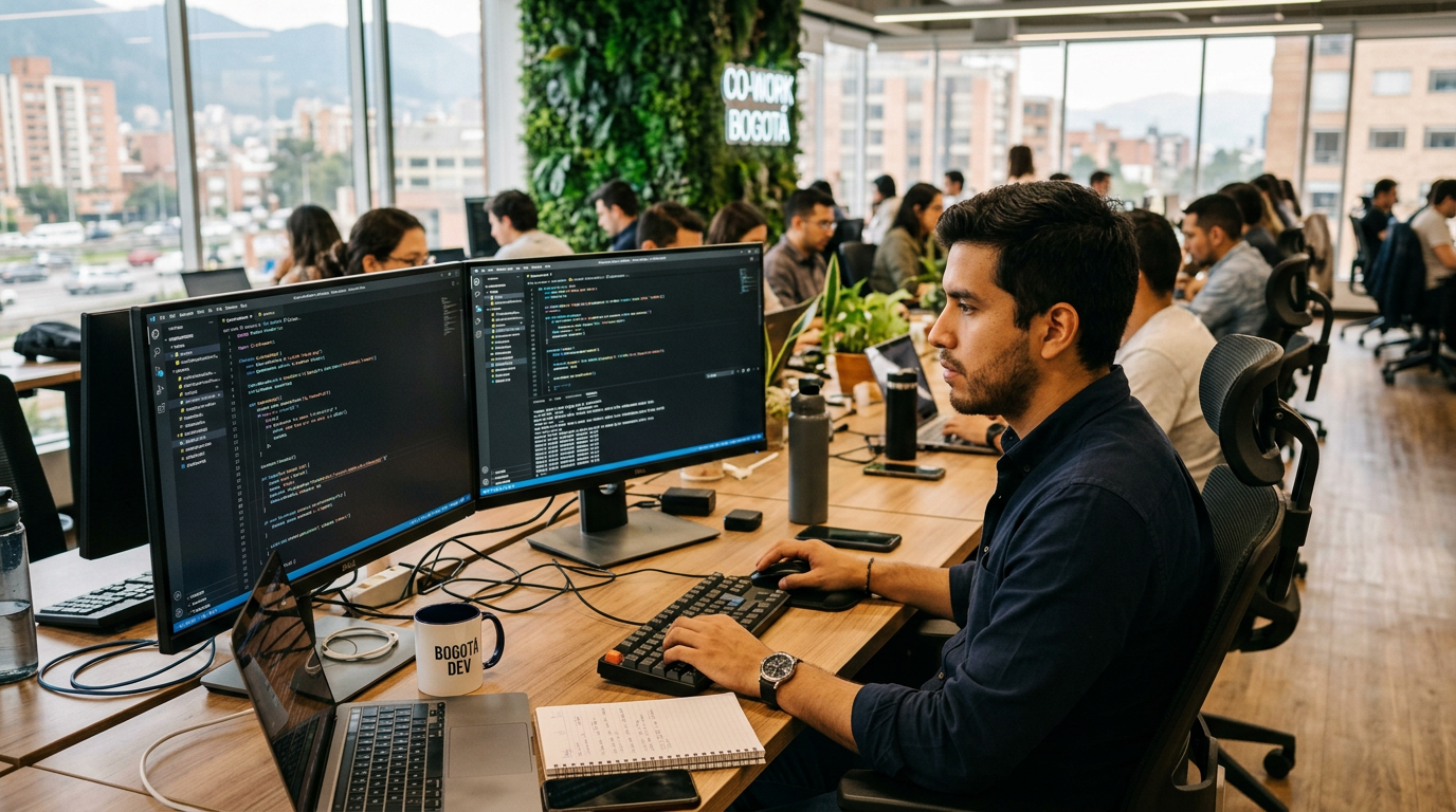Latin American software developer reviewing outsourced coding work on dual monitors in a modern Bogotá co-working space