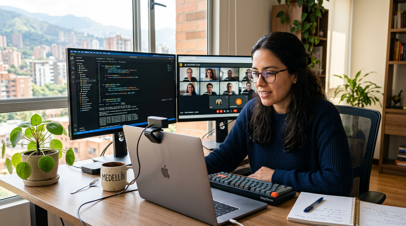 Latin American developer on a video standup call for an outsourced coding project, home office in Medellín, code editor on screen