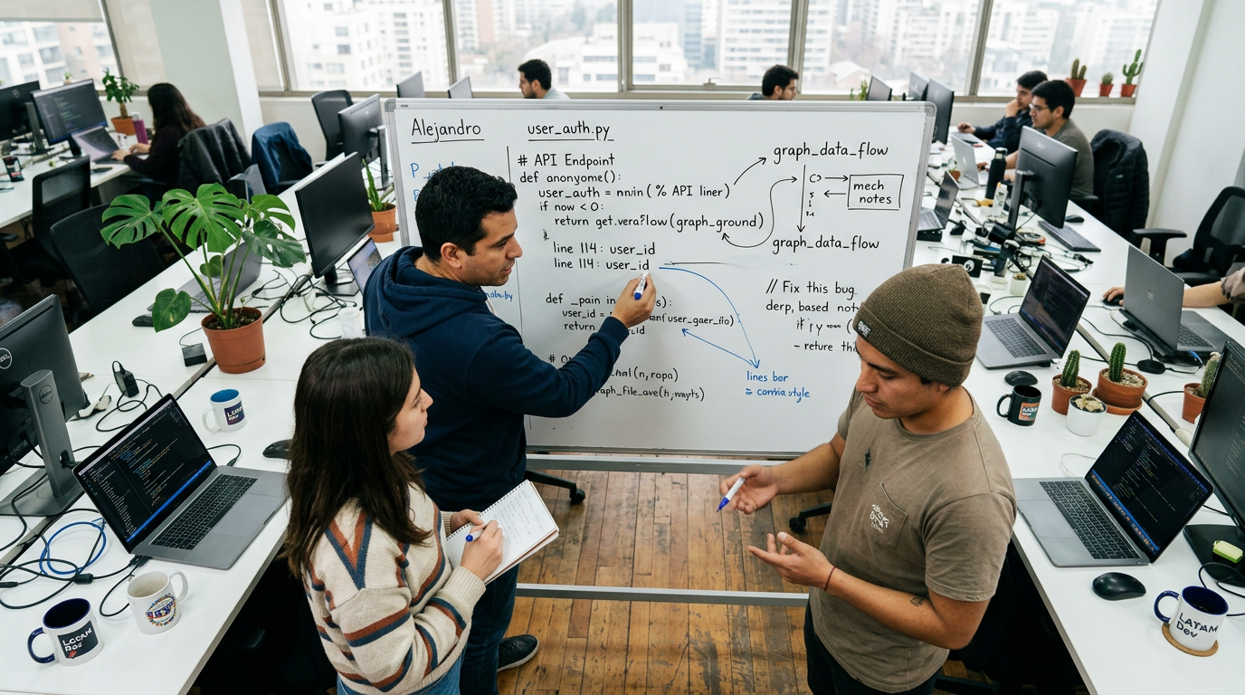 Latin American software development team reviewing outsourced coding project on whiteboard in Santiago office, natural daylight