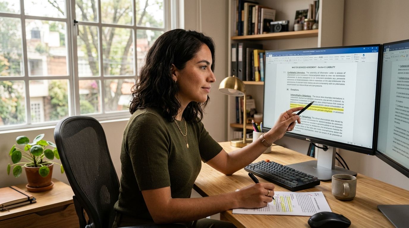 Nearshore virtual contract admin specialist reviewing legal documents for a US law firm on a dual-monitor home office setup