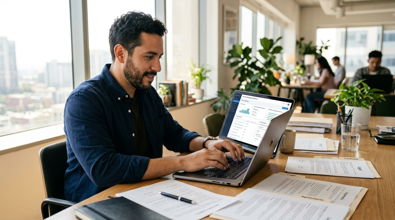 Nearshore virtual contract admin VA organizing legal contract documents and deadline calendars on a laptop for a US law firm