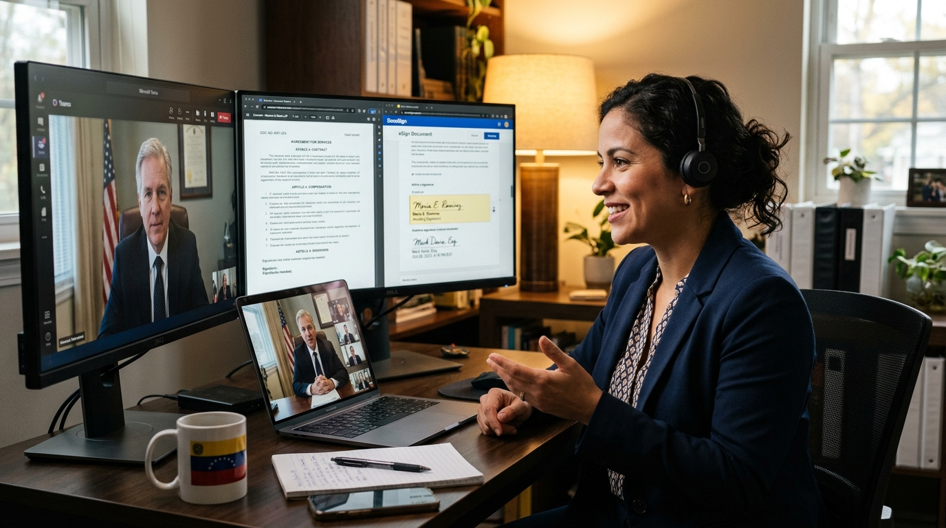 Nearshore contract admin VA on video call with US attorney reviewing contract redlines and e-signature workflow in real time