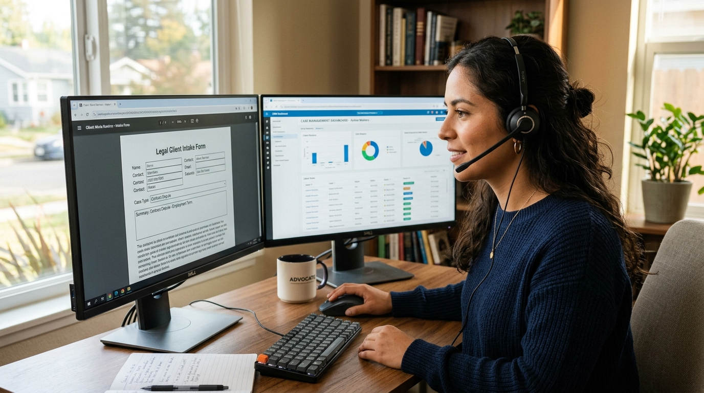 Nearshore outsourced legal intake specialist reviewing client intake form on CRM dashboard during US business hours