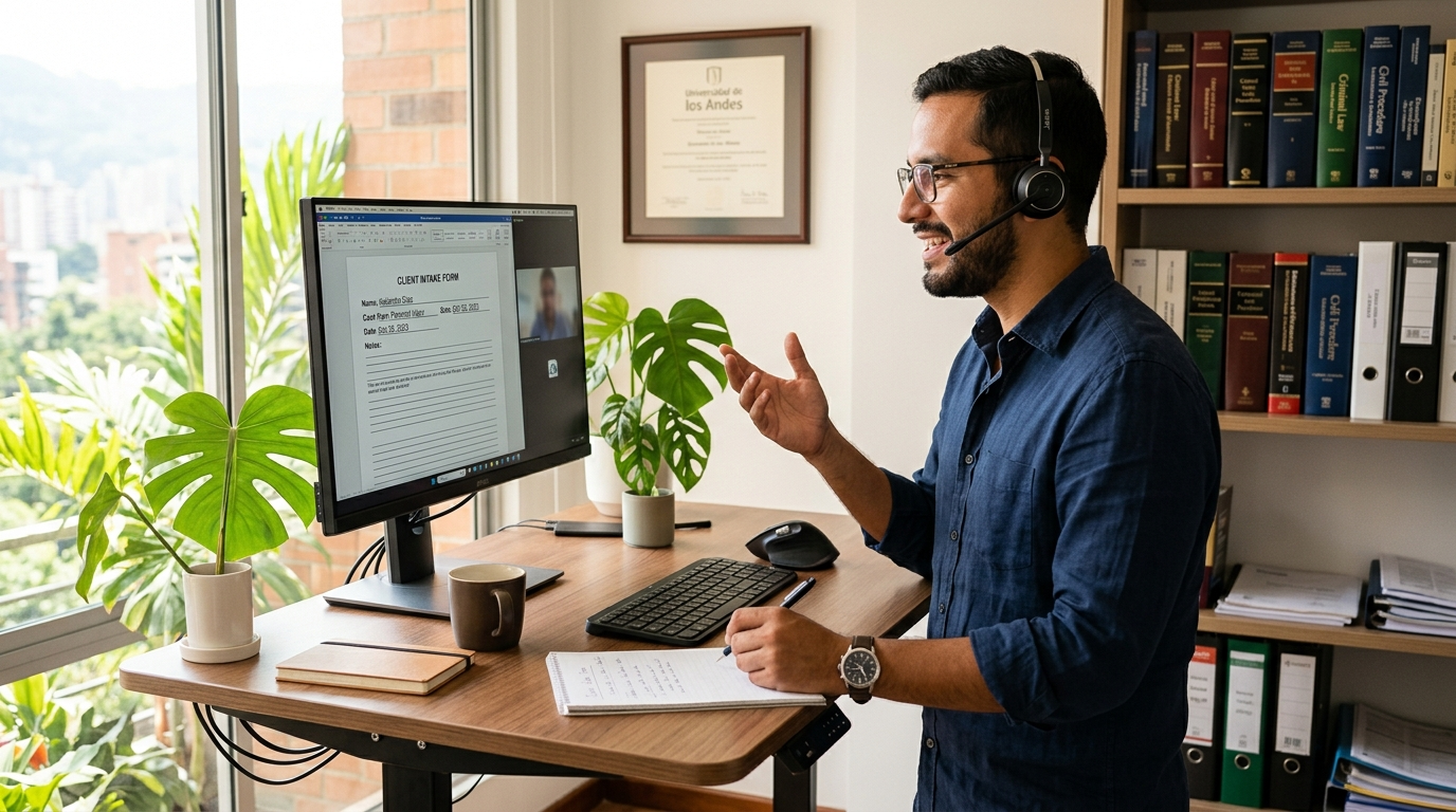 Outsourced legal intake specialist on call with prospective client, reviewing case qualification criteria on screen
