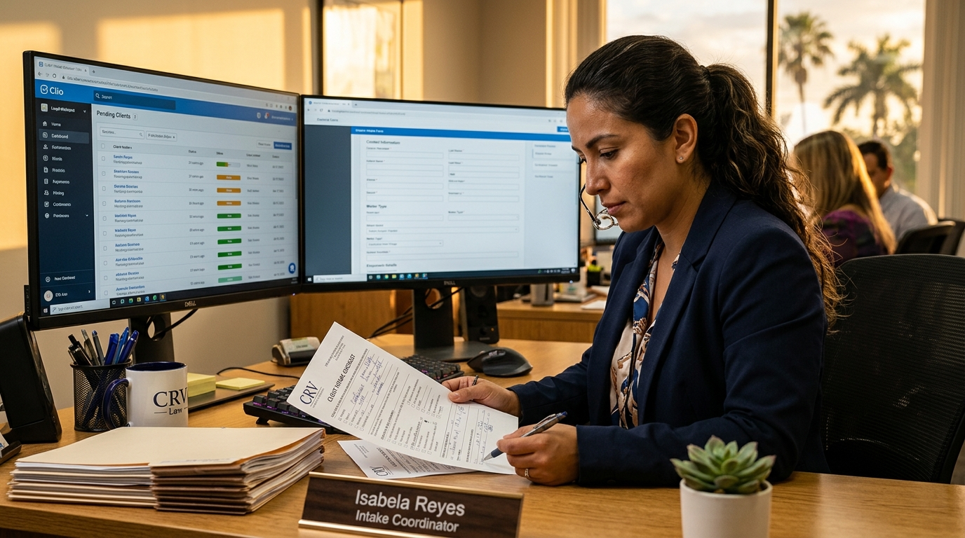 Outsourced legal intake specialist cross-referencing conflict check results with CRM data during US afternoon hours