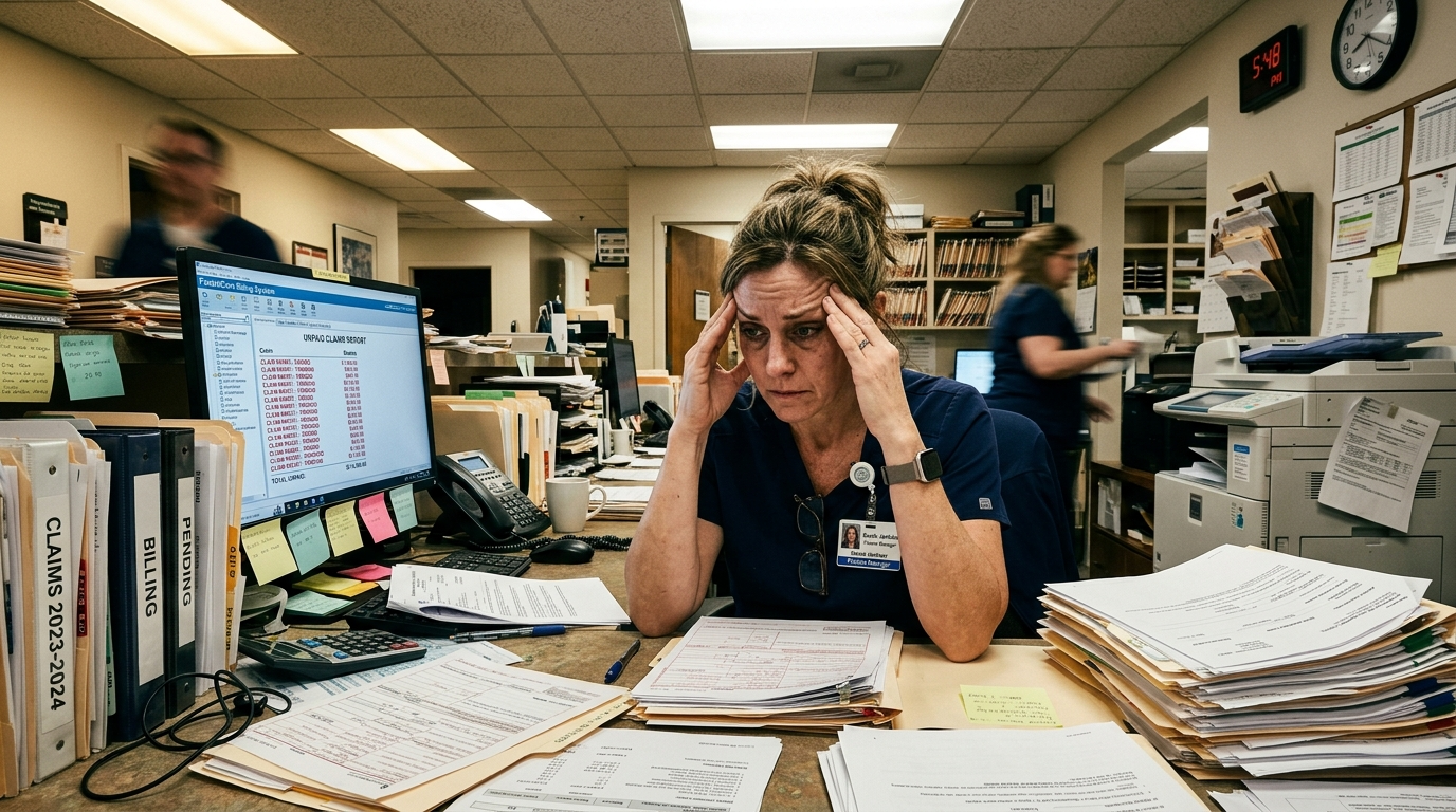 Practice manager reviewing unpaid medical billing claims at cluttered in-house billing desk, medical office environment