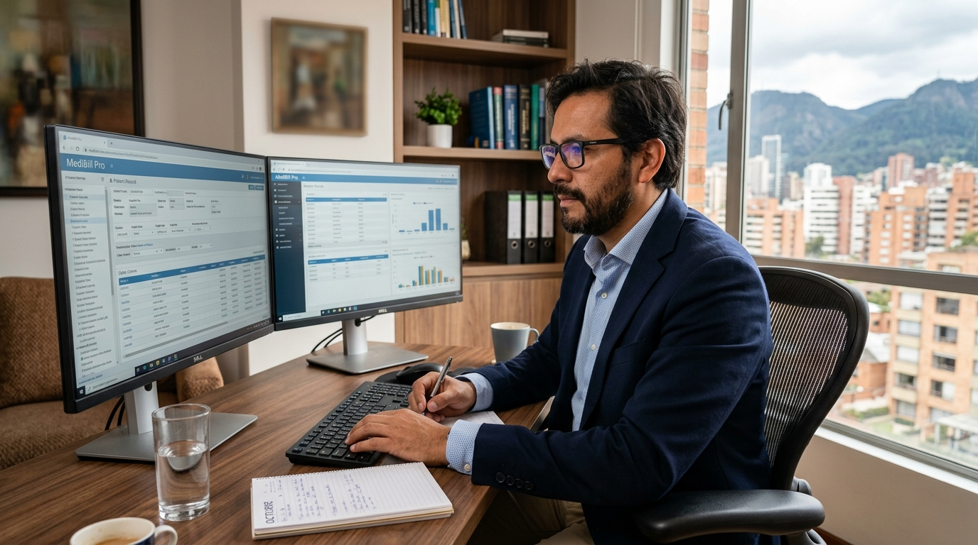 Nearshore medical billing virtual assistant in Latin America reviewing insurance claims on dual monitors during US business hours