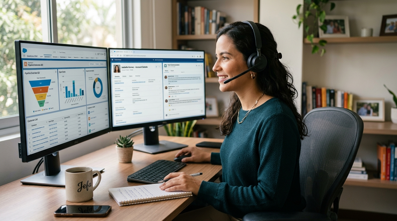 Nearshore Latin American SDR reviewing CRM pipeline data at her home office desk in 2026, headset on, dual monitors visible