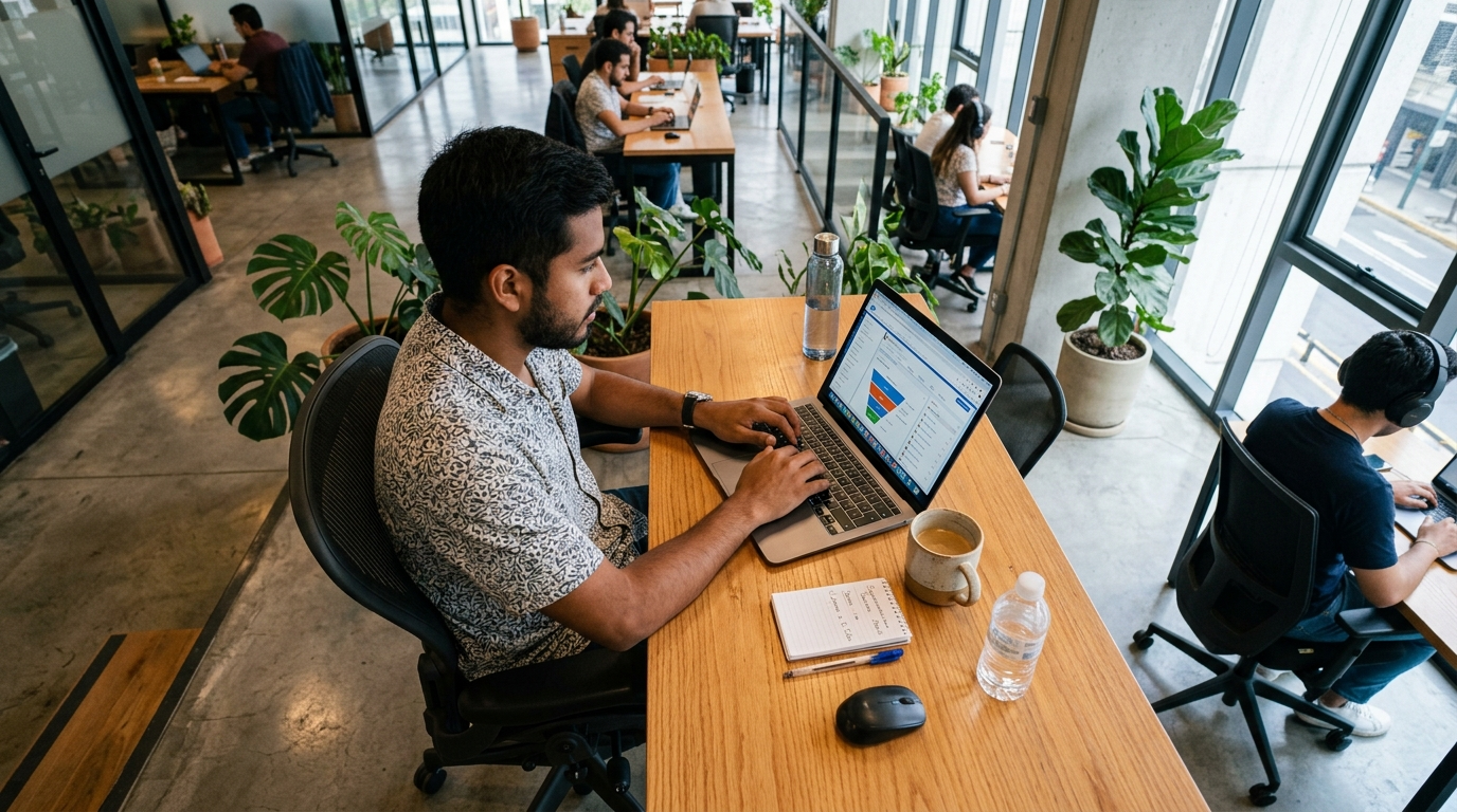 Nearshore Latin American SDR working at a co-working space with CRM dashboard visible, 2026 outsourced SDR benchmarks